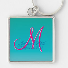 3d Monogram Turquoise Blue Fantastic Fab Fun Fyrkantig Silverfärgad Nyckelring