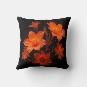 3d Nybrinnade blommor av orange på svart bakgrund Kudde
