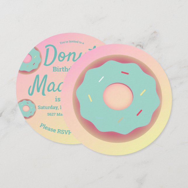 3D Ombre Teal och Rosa Donut Strössel Mix Rund Inbjudningar (Fram/baksida)
