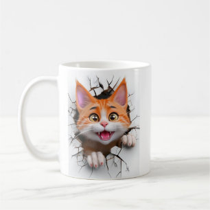 3d Orange Och Vit Tabby Katt Bryter Genom Vägg Kaffemugg