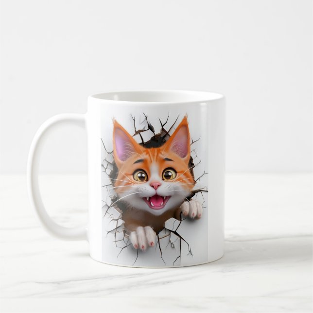 3d Orange Och Vit Tabby Katt Bryter Genom Vägg Kaffemugg (Vänster)