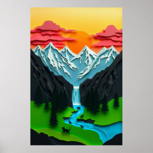 3D Papperskonst Bergslandskap Poster