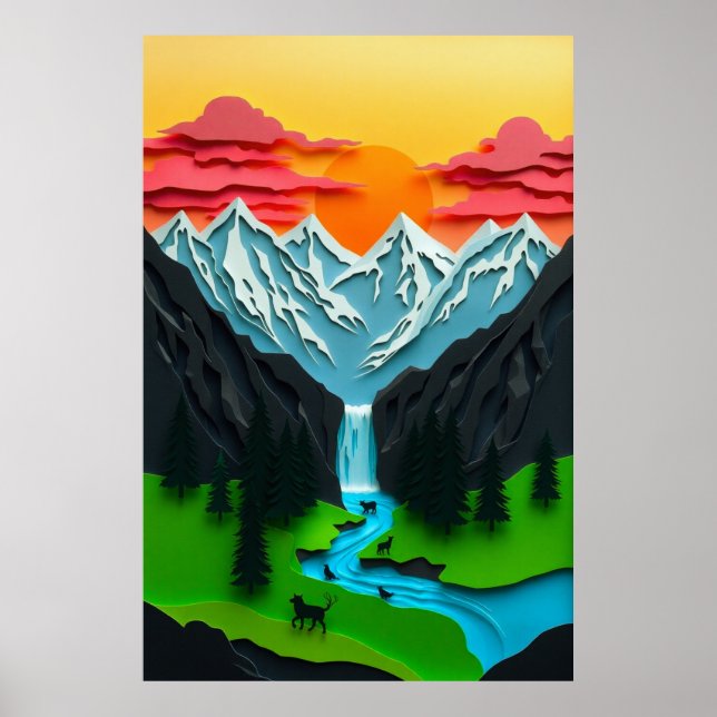 3D Papperskonst Bergslandskap Poster (Framsidan)