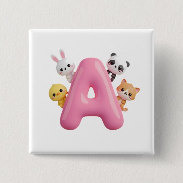 3D Pink Balloon Letter A Forest Animals Square But Knapp (Framsida)