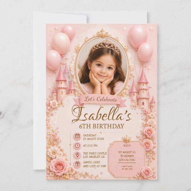 3D Prinsessa Födelsedagsinbjudan Mall | Rosa  (Framsida)