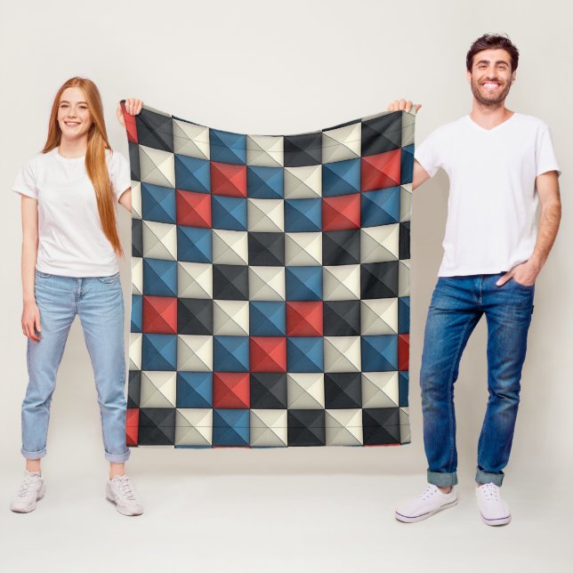 3D Pyramidal Geometric Mönster - Red, Blue & Cream Fleecefilt (På plats)