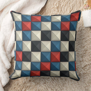 3D Pyramidal Geometric Mönster - Red, Blue & Cream Kudde