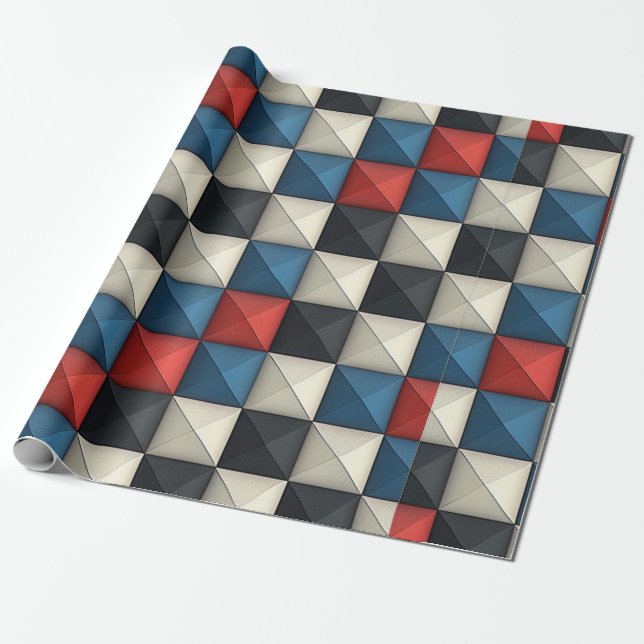 3D Pyramidal Geometric Mönster - Red, Blue & Cream Presentpapper (Utrullad)