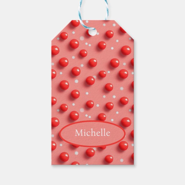 3D Red and White Polka dots Mönster Presentetikett (Framsidan)