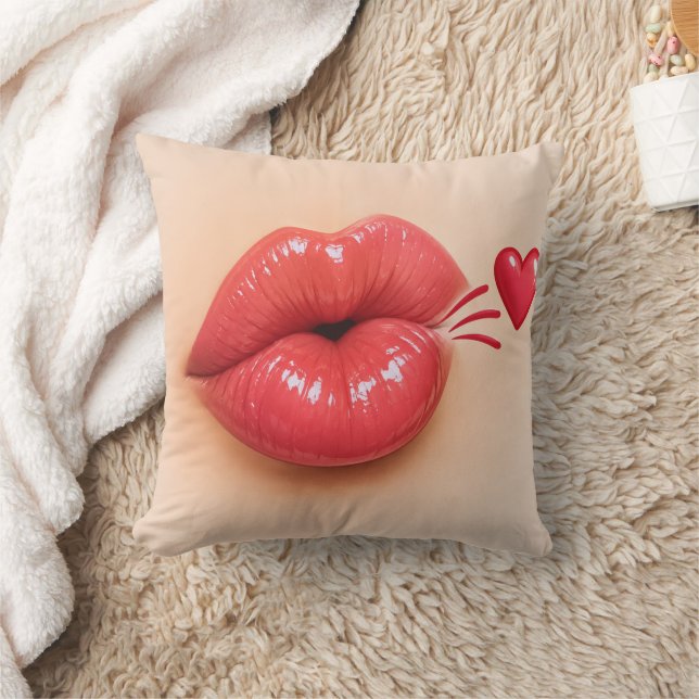 3D Red Lips & Heart Kiss Throw Pillow | Romantic V Kudde (Filt)