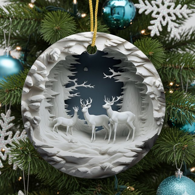 3D Reindeer jul Ornament (3d effect deer reindeer in winter blue white christmas tree ornament )