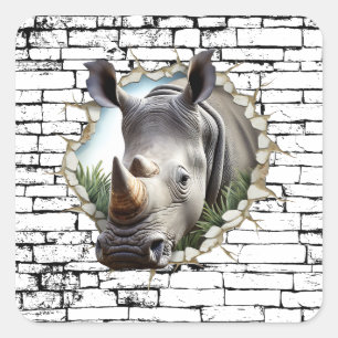 3D Rhinoceros Wall Break Art - realistiska Safari Fyrkantigt Klistermärke