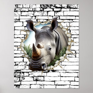 3D Rhinoceros Wall Break Art - realistiska Safari Poster