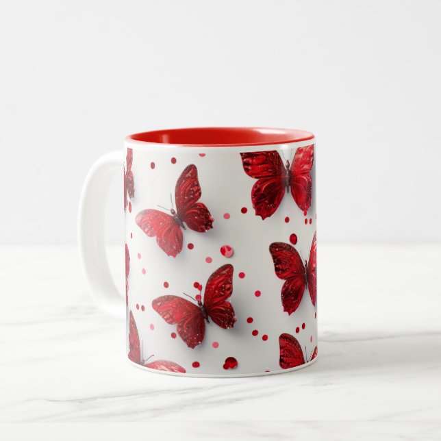 3D röd fjäril Två-Tonad Mugg (Framsida vänster)