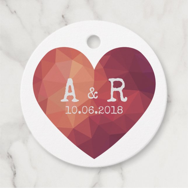 3d rött hjärta par monogram bröllop datum gåvor etiketter (Framsida)