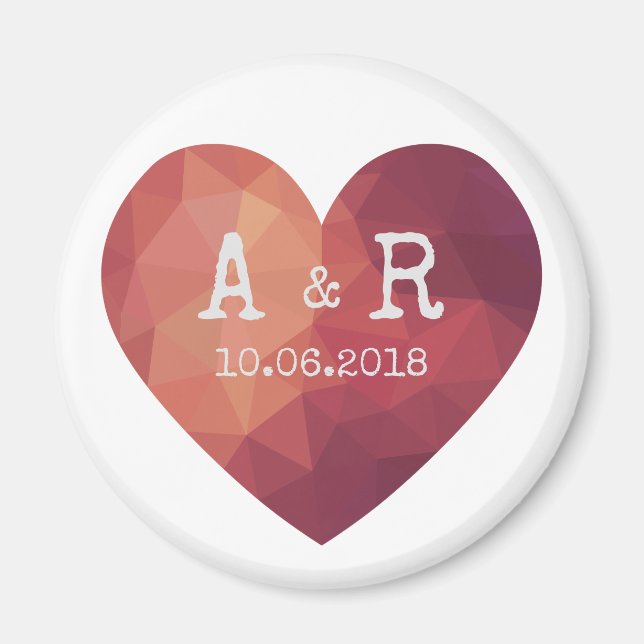 3d rött hjärta par monogram bröllop datum magnet (Framsidan)
