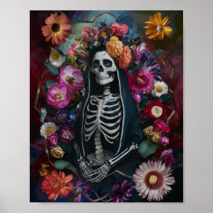 3D Santa Muerte med färgade blommor Poster