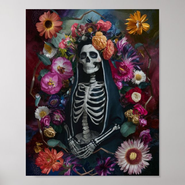 3D Santa Muerte med färgade blommor Poster (Framsidan)