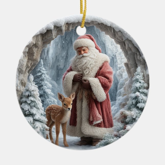 3D Santa och hjort keramisk julgransprydnad Keramik (Framsidan)