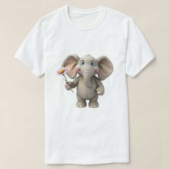 3D-Serieteckning Bebis Elefant Håller Rosa Blomma T Shirt (Design framsida)