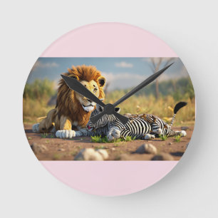 3D-Serieteckning Lejon som äter zebra – Vild Savan Rund Klocka
