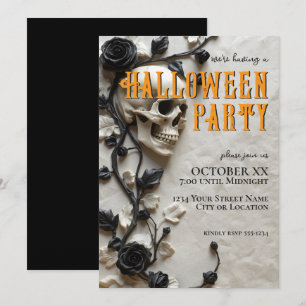 3D Skalle & Svarta Rosor Halloweenfest Inbjudningar
