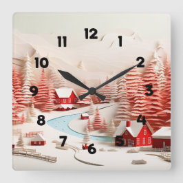 3D Skandinaviskt vinterlandskap Fyrkantig Klocka