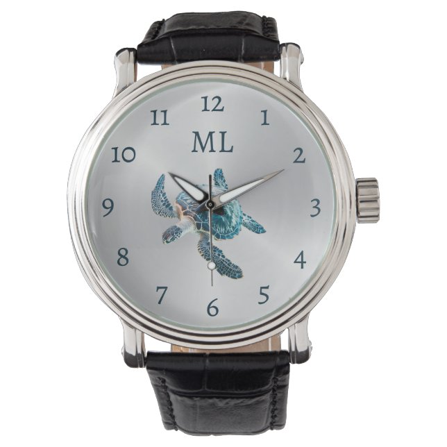 3D Sköldpadda Silvermonogram Armbandsur (Framsida)