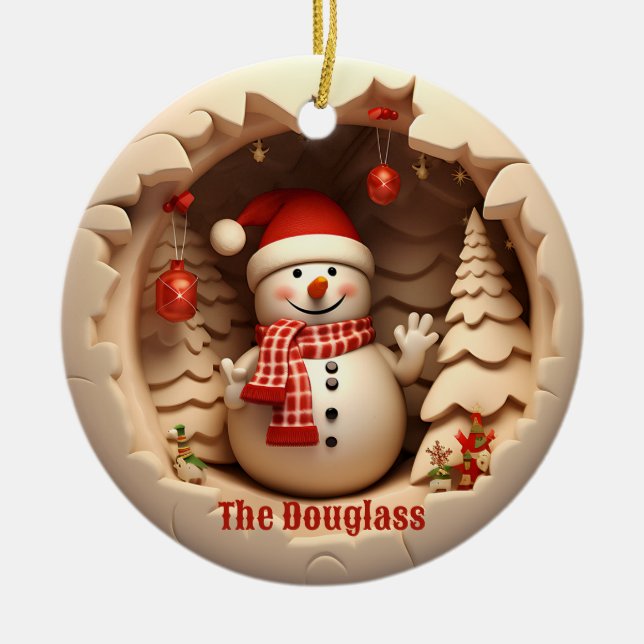 3D Snögubbe med Santa Hat Julgransprydnad Keramik (Framsidan)