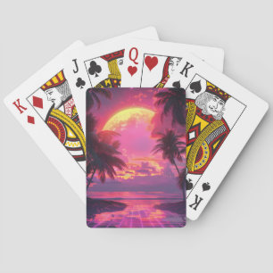 3d solnedgång på stranden. Retro handflatan Casinokort