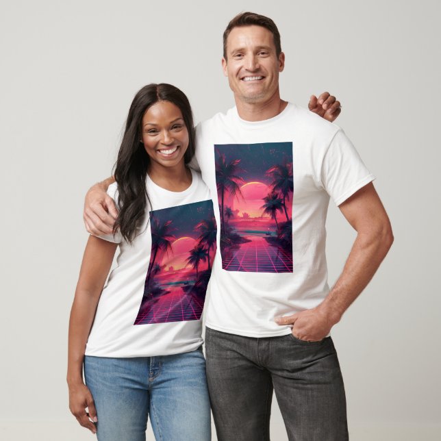 3d solnedgång på stranden. Retro handflatan T Shirt (Unisex)