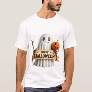 3D Söt Spöke med Glad Halloween Skylt & Pumpa T Shirt