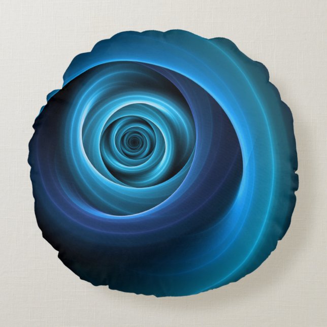 3D-spiral blåa färger modern abstrakt fraktalkonst Rund Kudde (Framsidan)