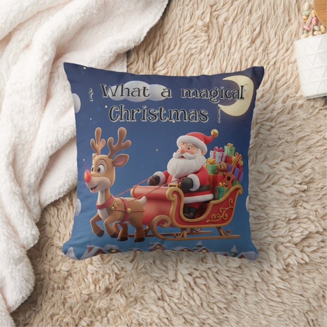 3D Style Christmas Night Sleigh Pillow Kudde (Filt)