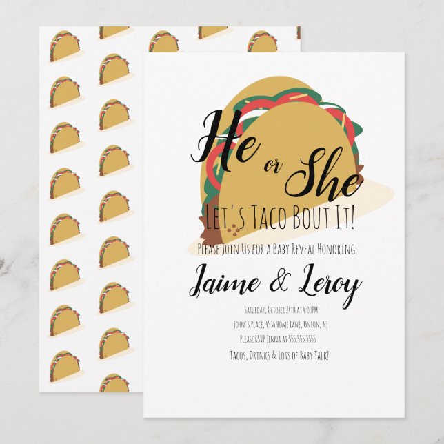 3D Taco Party Gender visar inbjudan till honom ell (Fram/baksida)