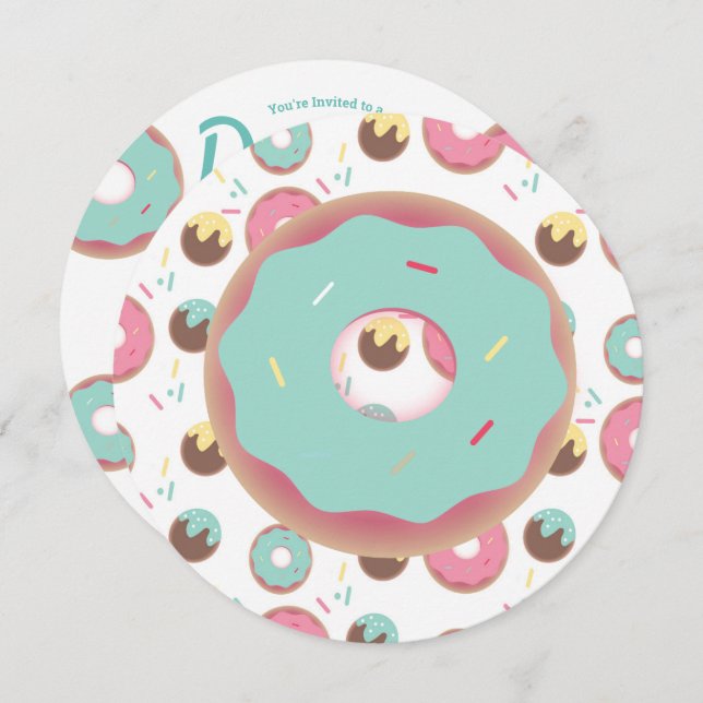 3D Teal and Rosa Donut Sprinkle Mix Round Inbjudningar (Fram/baksida)