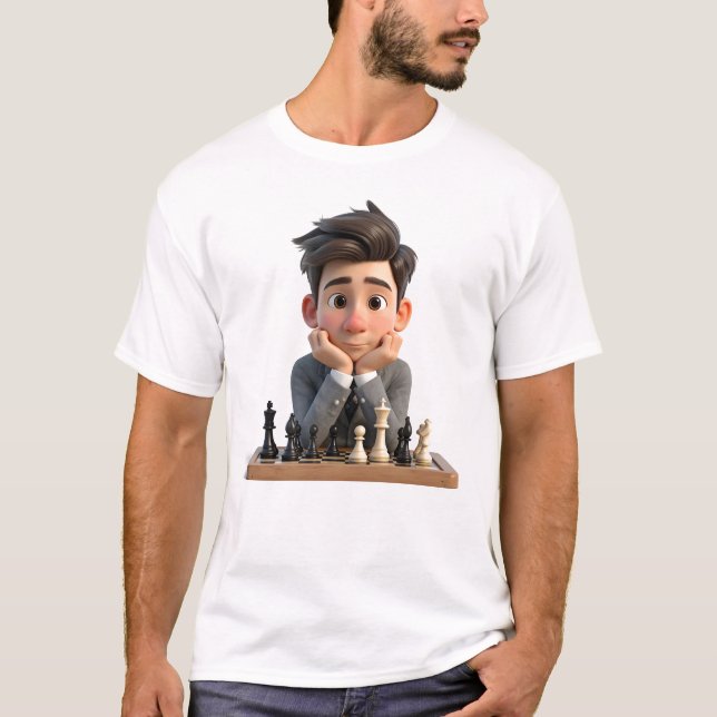 3D-Tecknad Schackmästare Man Tänker T Shirt (Framsida)