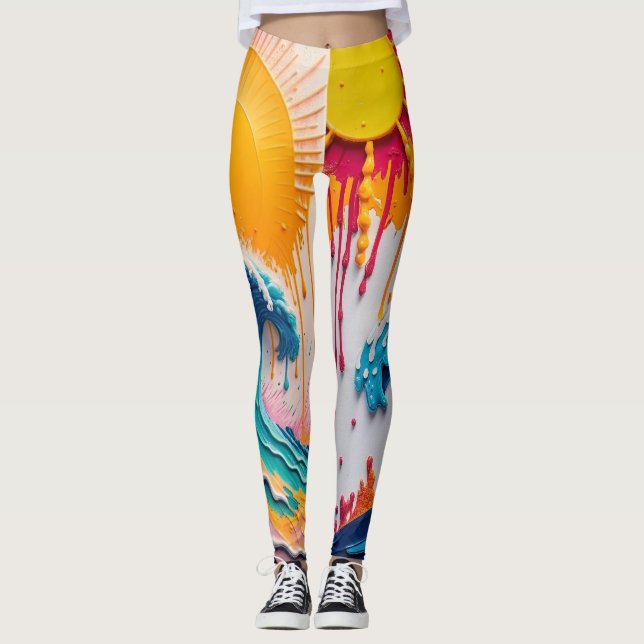 3D Textured Tropical Wave & Sun Abstract Impasto Leggings (Framsida)