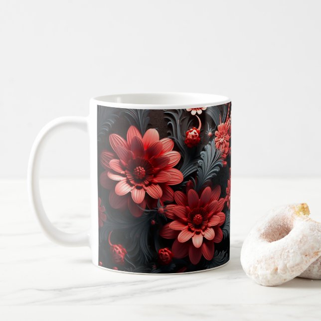 3D-Tittar färgade röda och svarta blommor Kaffemugg (Med munk)