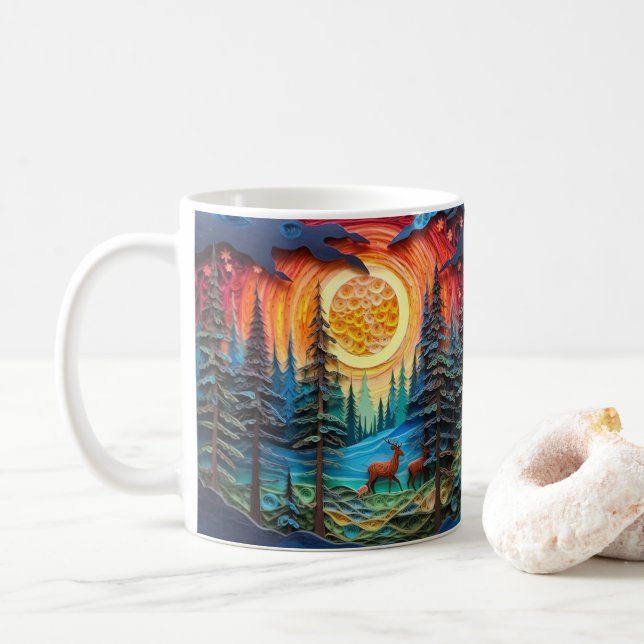 3D Tittar Hjort i Forest Sunset Kaffemugg (Med munk)
