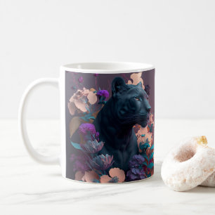 3D-Tittar svart panter och blommor Kaffemugg