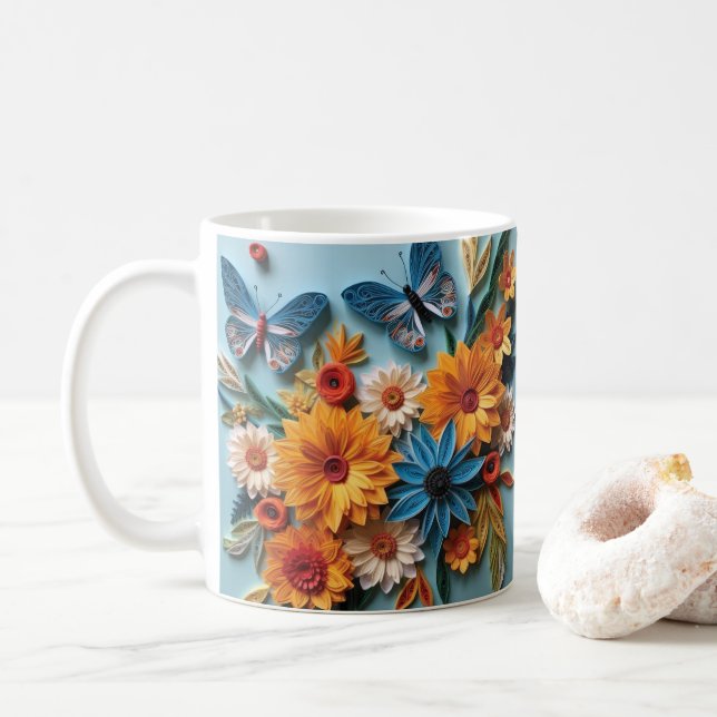 3D-Tittar tryckta blommor och fjäril Kaffemugg (Med munk)