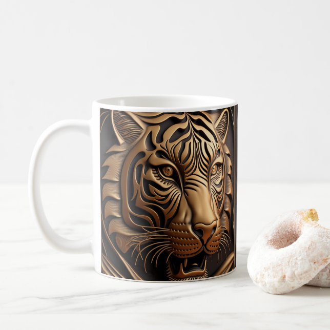 3D Tooled Leather-utseende Tryckt Tiger Kaffemugg (Med munk)