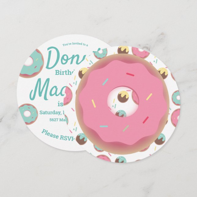 3D turkos och rosa munk Sprinkle Mix rund Inbjudningar (Fram/baksida)