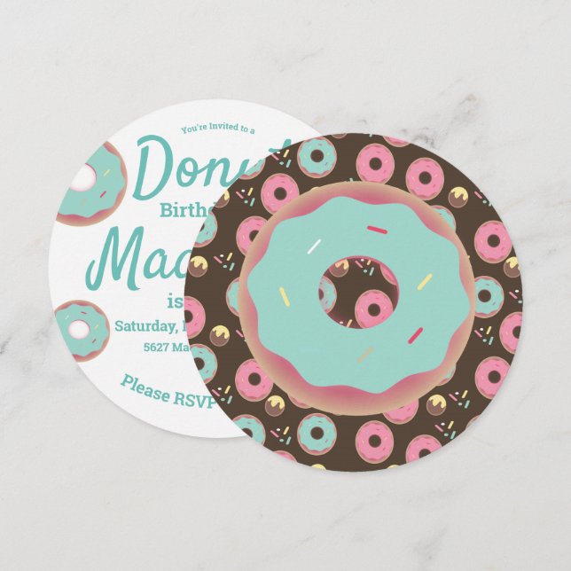 3D turkos och rosa munk Sprinkle Mix rund Inbjudningar (Fram/baksida)