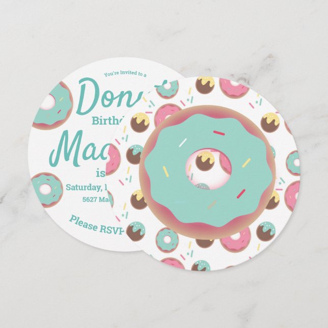 3D turkos och rosa munk Sprinkle Mix rund Inbjudningar (Fram/baksida)