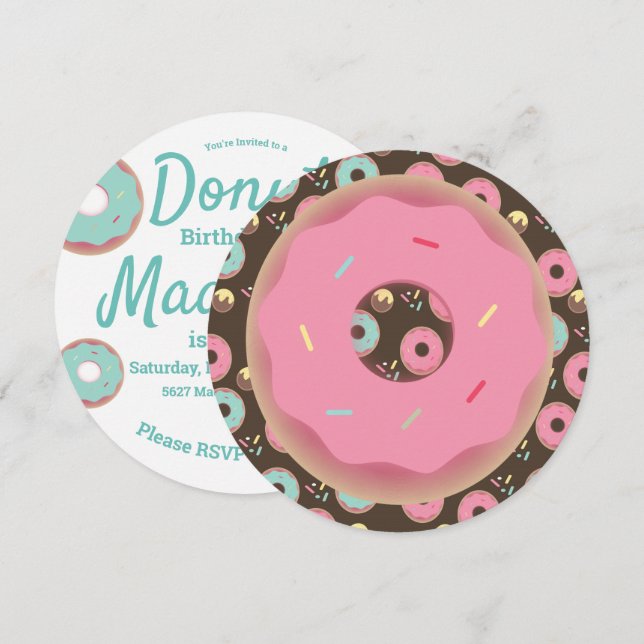 3D turkos och rosa munk Sprinkle Mix rund Inbjudningar (Fram/baksida)