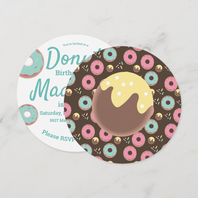 3D turkos och rosa munkhål Sprinkle Mix rund Inbjudningar (Fram/baksida)