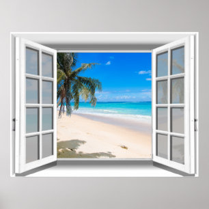 3D-vy för Tropical Beach Fake Window Poster