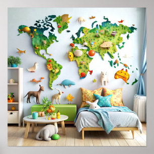 3D Wall Art World Map Poster för barn